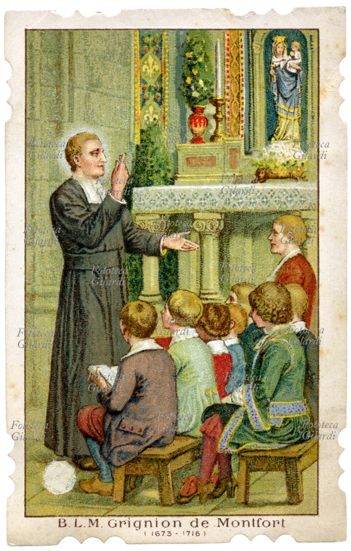 Beato Luigi Maria GRIGNION de Montfort (31 gennaio 1673 – 28 aprile 1716) insegna ai bambini. Presbitero francese, fondatore della Compagnia di Maria e delle Figlie della Sapienza, fu beatificato il 22 gennaio 1888 da Leone XIII e canonizzato il 20 luglio 1947 da Pio XII; il 9 febbraio 2000 Giovanni Paolo II ha aperto una causa per la sua proclamazione a Dottore della Chiesa. Ricorrenza 28 aprile. Immaginetta cromolitografica con frammento di reliquia in panno, Belgio fine del XIX secolo