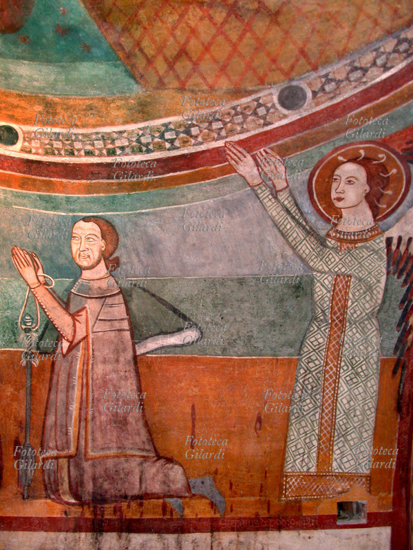 ANGELO e persona inginocchiata con le braccia protese in atto di protezione (forse il committente, da una leggenda il Conte Asso) ai piedi dell\