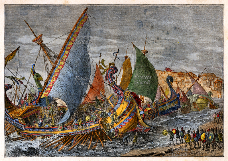 BATTAGLIA navale nel porto di Siracusa, 415 a.C., una delle tante sostenute contro i Cartaginesi. Stampa acquarellata da \