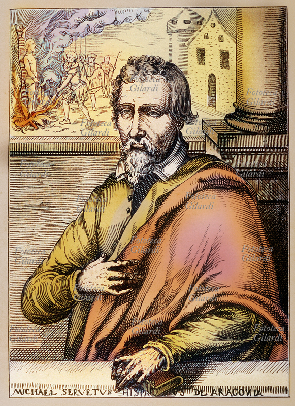 Michele SERVETO (19 settembre 1511 – 27 ottobre 1553) medico, teologo, scienziato, umanista e riformatore spagnolo. Di origini ebree, ricevette istruzione cattolica, mantenendo però sempre autonomia di pensiero. Non ancora ventenne, seguì a Bologna Juan de Quintana, divenuto confessore di Carlo V, in Italia rimase sconcertato dalla contraddizione fra la sfarzosità del clero e gli insegnamenti evangelici; si interessò alla disputa dei riformatori, partecipò alla Dieta di Augusta, e si trasferì per qualche tempo a Basilea dove venne in contatto con Melantone ed Ecolampadio. Il suo concetto del Battesimo e dell\