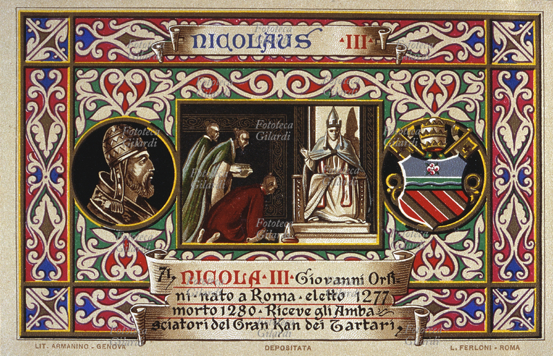 PAPA NICOLA III (about 1216 - 22 August 1280), born Giovanni Orsini, born in Rome, elected in 1277, he received the ambassadors of the Great Khan of the Tartars. Postcard chromolithographic n. 71 from the \