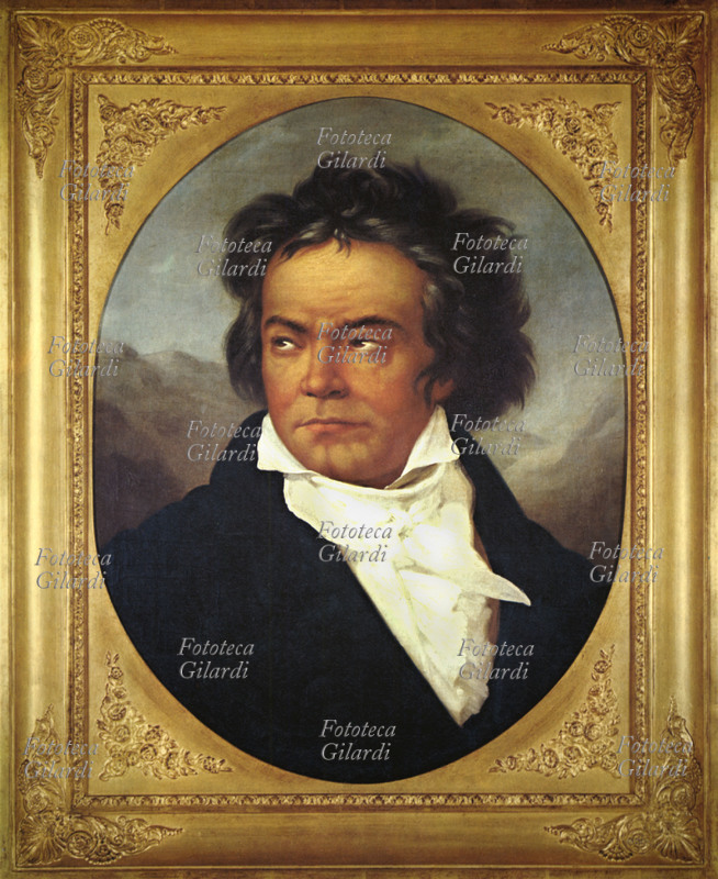Ludwig van BEETHOVEN (16 dicembre 1770 - 26 marzo 1827) compositore e musicista tedesco, uno dei massimi compositori nella storia della musica. Ampliò enormemente in senso formale, tecnico ed espressivo le forme classiche della sonata, del quartetto e della sinfonia. Fu organista, cembalista e poi violinista. Nel 1787 si recò a Vienna per studiare con Mozart ma dovette tornare a casa presto per motivi familiari. Ci tornò qualche anno dopo per studiare con Haydn. La sua attività musicale si svolse quasi esclusivamente a Vienna. Nel 1795 cominciarono a manifestarsi i primi sintomi della sua sordità; nonostante la grande sofferenza non rinunciò alla musica e nei decenni seguenti produsse alcune delle sue opere più significative. Dipinto ad olio di Ferdinand Schimon, 1818-1819