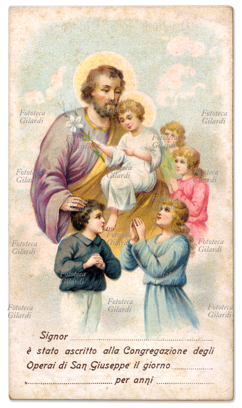 SAN GIUSEPPE santino /tessera di iscrizione alla Congregazione Operai di San Giuseppe, immaginetta cromolitografica, circa 1900