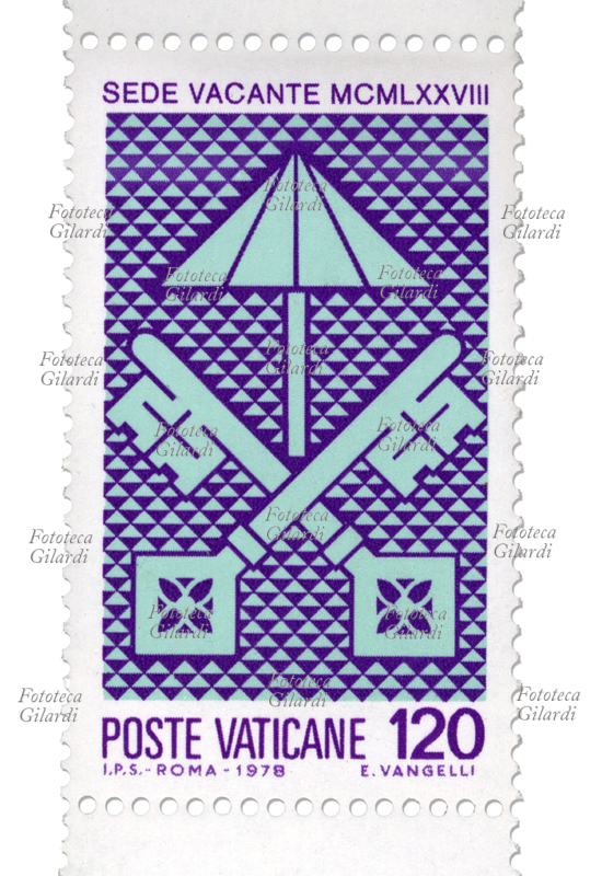 SEDE VACANTE MCMLXXVIII francobollo commemorativo della serie emessa dalle Poste vaticane alla morte di papa Paolo VI (al secolo Giovanni Battista Montini, 26 settembre 1897 – 6 agosto 1978); gli fu successore Giovanni Paolo I (nato Albino Luciani) eletto 26 agosto 1978 e morto dopo solo 33 giorni di pontificato il 28 settembre 1978. Disegno di Emidio Vangelli, valore nominale 120 Lire, fotoincisione I.P.S. Roma. Città del Vaticano, emissione 23 agosto 1978