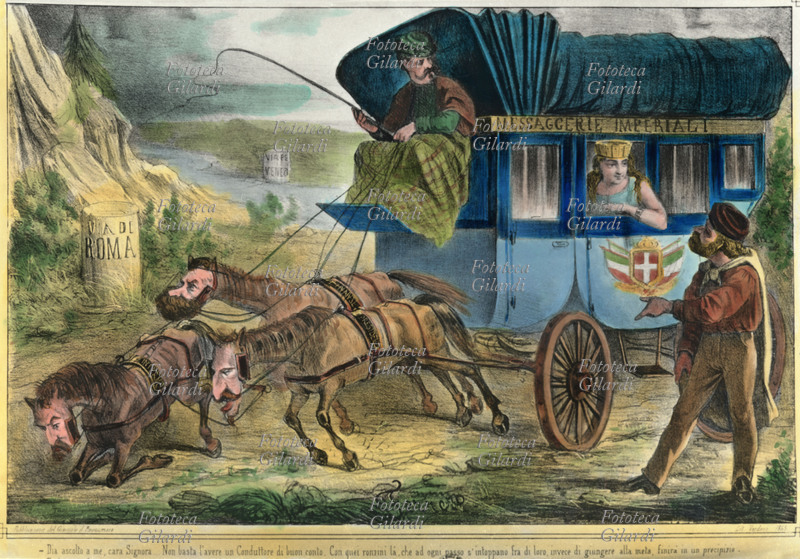 RISORGIMENTO Caricatura sulla questione romana. Garibaldi consiglia all\