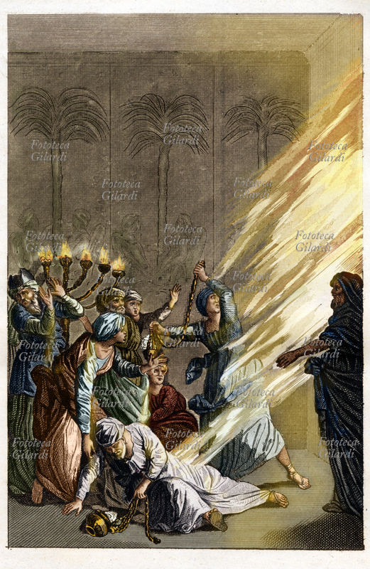 BIBLE Book of Leviticus, Chapter 10. Nadab and Abihu, the sons of Aaron, by fire heavenly emerged during a sacrifice illegitimate, offered for their fervent initiative but not ordered by the Lord for the consecration of the Tabernacle. Colorized version of # 34016, engraving from a French edition of "The Bible" edited by De Sacy. Paris, 1837.