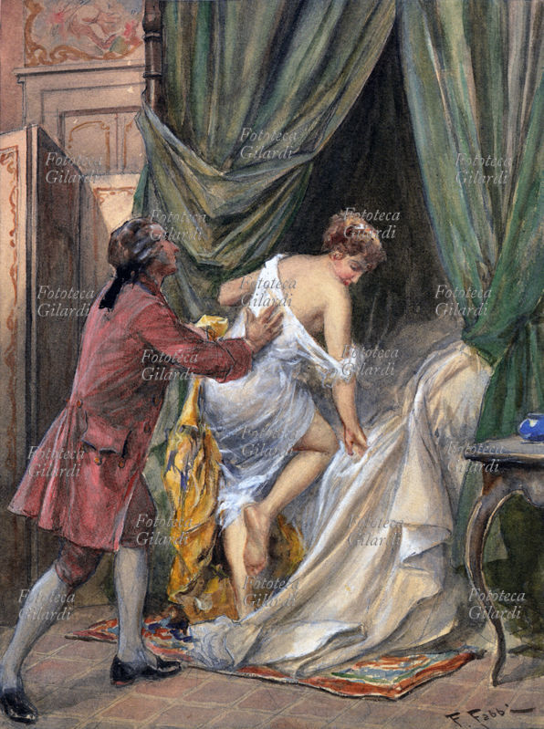 Giacomo CASANOVA (April 2, 1725 – June 4, 1798), dressed in red, pushes a lady into the alcove. "...It was a great effort for her to get into bed, and if I hadn\
