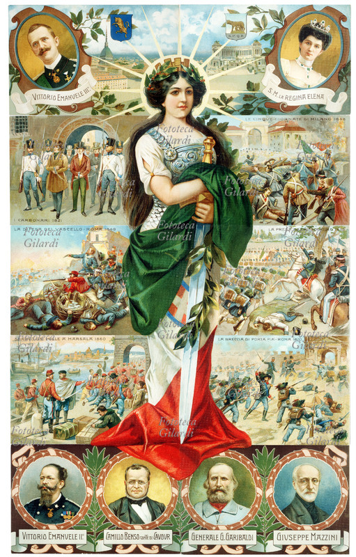 ALLEGORIA ITALY TURRITA composed from the complete series of 10 commemorative illustrated postcards that celebrate the 50° anniversary of the proclamation of the Reign of Italy. “Revived Italy”, illustrations of painter Columbus for the Guarneri competition. Cromolitografia, Publishing House Guarneri, Milan 1911