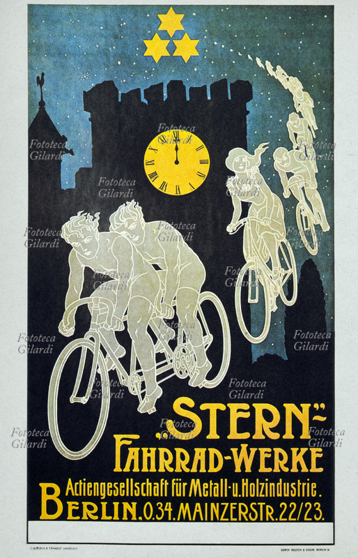 BICICLETTE A mezzanotte scende dal cielo stellato una cavalcata di ciclisti fantasma, in testa due giovanotti in tandem, dietro di loro una fanciulla. Manifesto pubblicitario per le biciclette Stern (Stella), Berlino 1913