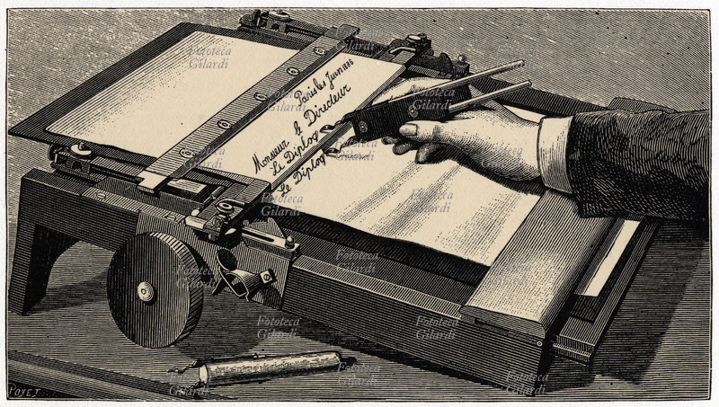 INVENZIONI Diplografo, 1886. Apparecchio che permette di scrivere simultameamente in doppia copia. Invenzione del Sig. Levesque, incisione di Louis Poyet (1846 - 1913), Francia XIX secolo.