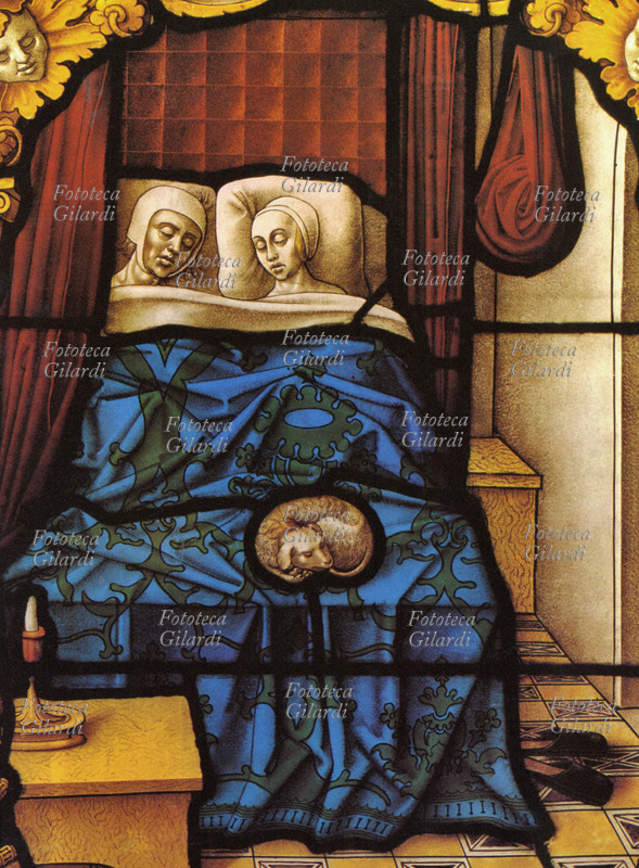 VITA QUOTIDIANA Tobia e Sara, coppia di sposi a letto con il cane accoccolato ai loro piedi. Decorazione per vetrata di locazione indefinita del XVI secolo