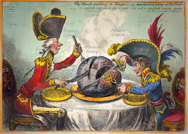 NAPOLEONE "The Plumb-pudding in danger; - or - State Epicures taking un Petit Souper". William Pitt (1759 - 1806) e Napoleone Bonaparte (1769 - 1821) oggetto di una caricatura di James Gillray (1757 - 1815) che li raffigura mentre si contendono il dominio del mondo, contrapposti a tavola, facendolo a fette per divorarselo come spuntino. Stampato da Hannah Humphrey (circa 1745-1818), Londra, 26 febbraio 1805