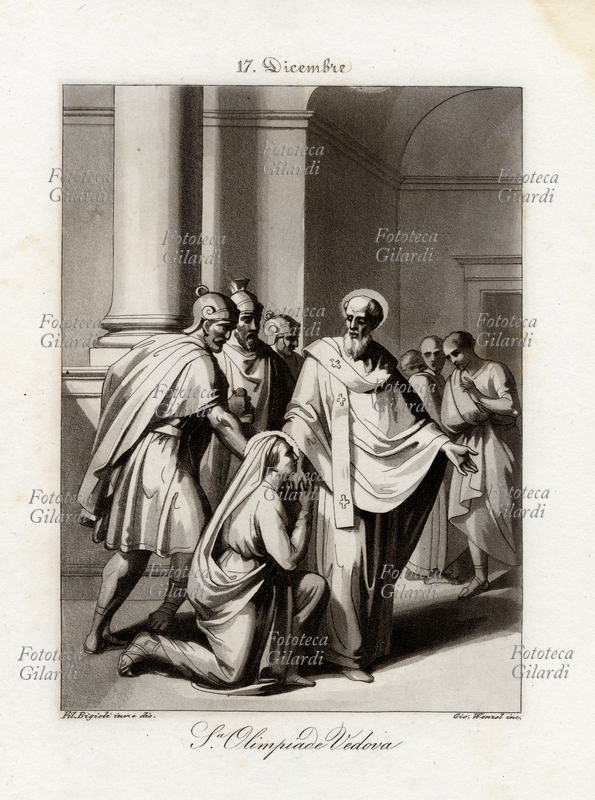 COSTANTINOPOLI Santa Olimpiade (361 - 408) discepola di San Giovanni Crisostomo. Festa il 17 dicembre. Litografia su disegno di Filippo Bigioli (1798 -1878), incisore Giovanni Wenzel (1791-1880), Roma 1843
