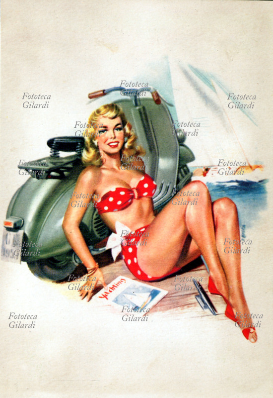 PUBBLICITÀ 1950 Cartolina promozionale per Vespa Piaggio, da una serie di otto dedicate al famoso scooter, diventato il simbolo di un\