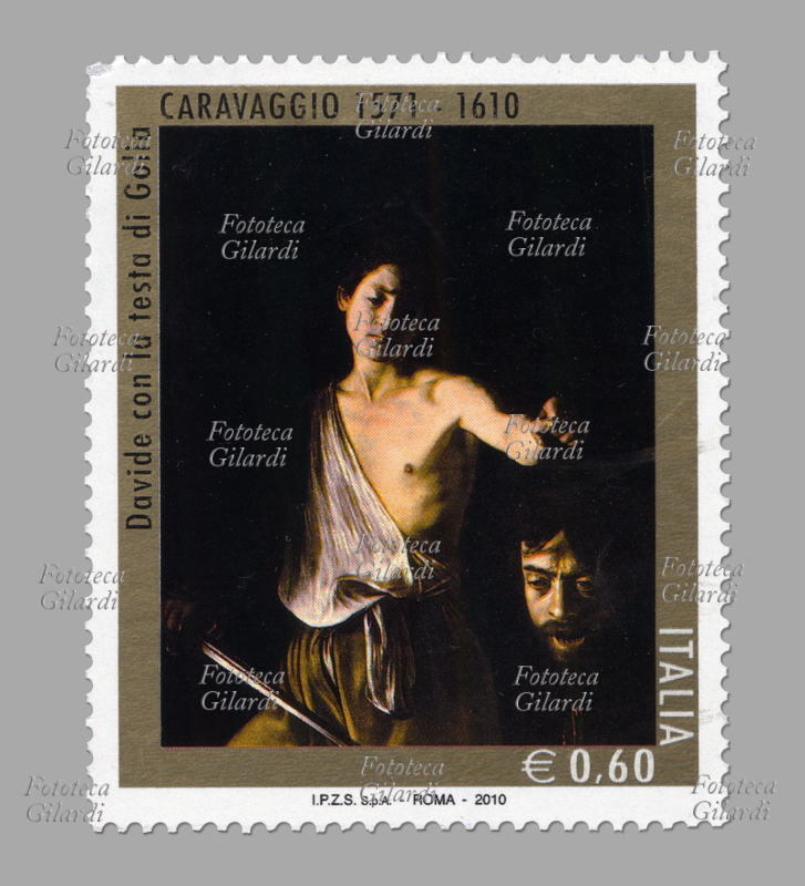 CARAVAGGIO (1571 - 1610) francobollo commemorativo per i 400 anni dalla morte, emesso dalle Poste Italiane, riproduce il dipinto ad olio su tela "Davide con la testa di Golia", realizzato da Michelangelo Merisi tra il 1609 e il 1610 ed esposto nella Galleria Borghese di Roma. Valore nominale 60 eurocent, Italia, emissione del 16 luglio 2010