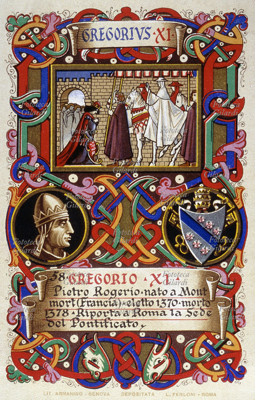 Pope Gregory XI (about 1330 - 1378), born Pietro Rogerio, born in Montmort (France), elected in 1370 last Pope of Avignon, brings to Rome the See of the Pontificate. Postcard chromolithographic n. 58 from the \