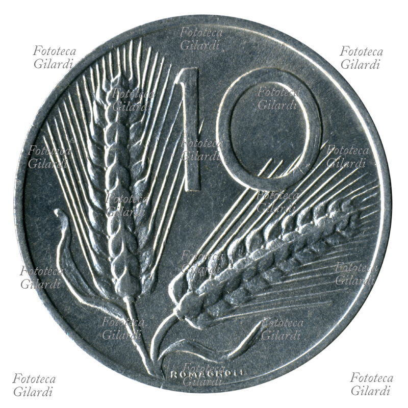 MONETE Dritto della moneta da Lire dieci 10, - Vi sono raffigurate due spighe di grano, incisione di Romagnoli, esemplare emesso nel 1954