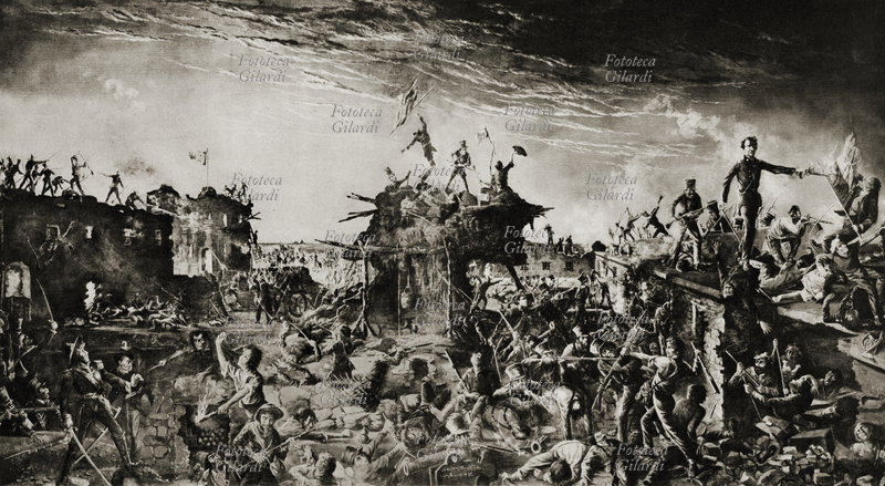 INDIPENDENZA DEL TEXAS Scena dai combattimenti a Fort Alamo, fra 183 texani e 3000 messicani. Stampa popolare litografica, XIX secolo. U.S.A. marzo 1836