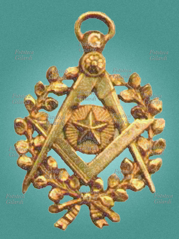 MASSONERIA Emblema con il compasso, la squadra, la stella circondati da due rami, sono gli strumenti dell\