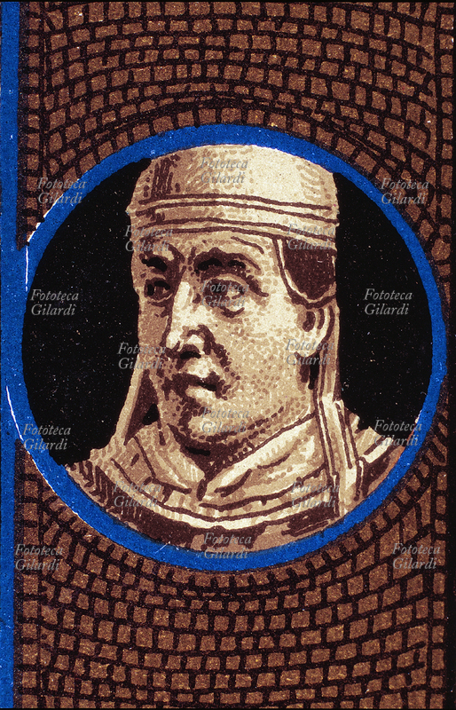 PAPA LIBERIO (? .- 366), della gente Savelli, nato a Roma, eletto nel 352, sepolto nel cimitero di Priscilla. Ritratto, dettaglio da una cartolina cromolitografica della \