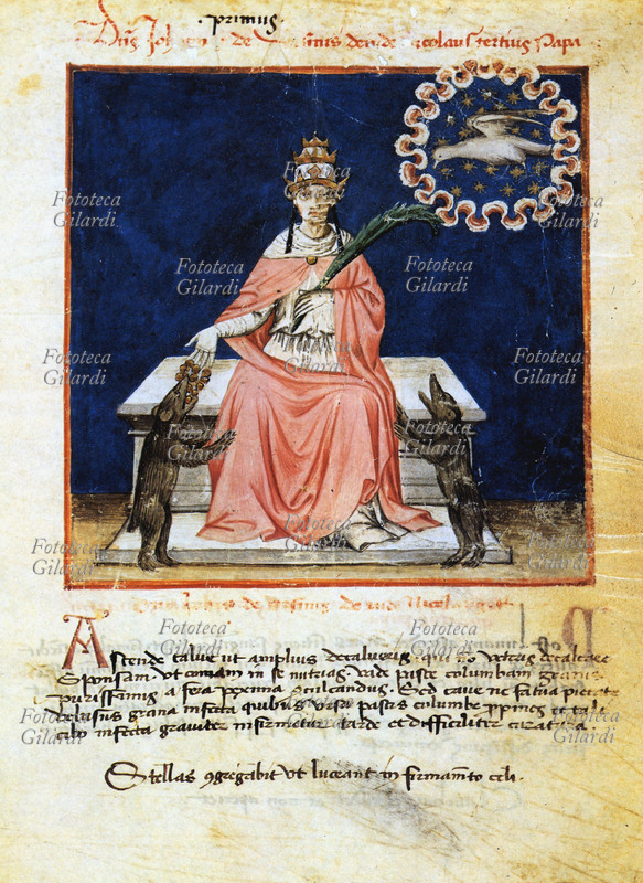 NICCOLÒ III (Giovanni Gaetano Orsini, 1216 circa – 22 agosto 1280) La figura del Papa è circondata da animali allegorici: la colomba, purezza e pace; gli orsi, forza e fierezza, oltre che personificazione della casata secolare del pontefice. Miniatura allegorica dal manoscritto \