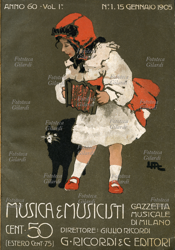 MUSICA Una bimba suona un piccolo organetto e un gatto nero si struscia alle sue gambe, turbato dallo strano suono. Copertina per \