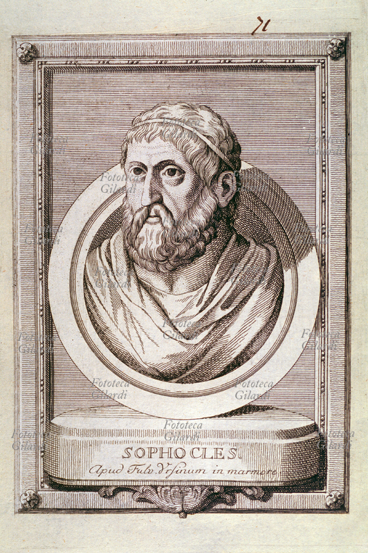SOFOCLE (496-406 a.C.) poeta tragico greco. Partecipò alla vita politica, stratego con Pericle e Nicia fu uno dei 10 probuli per la salvezza di Atene dopo la sconfitta in Sicilia. Ritratto da: \