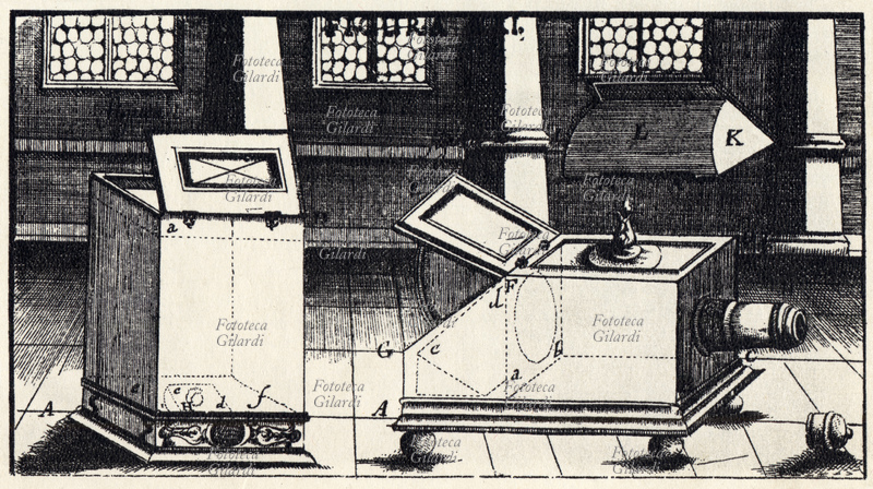 CAMERA OBSCURA reflex di Johann Zahn (29 marzo 1641 – 27 giugno 1707). Uno specchio inserito a 45° all\