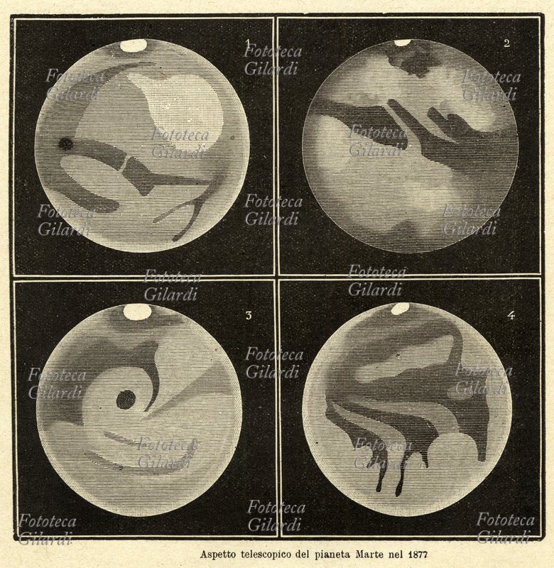 ASTRONOMIA Aspetto telescopico del pianeta Marte nel 1877 - tavola illustrata dal trattato di Astronomia popolare del Flammarion XIX secolo