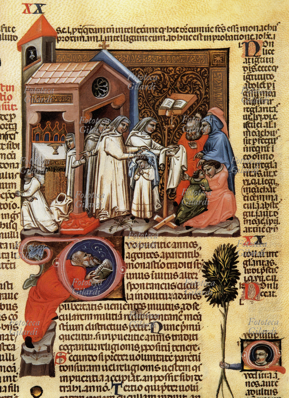 MONACHESIMO Stampa da miniatura rappresentante la vestizione di una bambina, e il momento del distacco dalla madre. Dal \