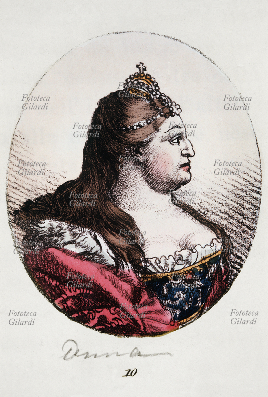 ANNA IVANOVNA Romanov (1693-1740) imperatrice di Russia dal 1730 al 1740. Figlia di Ivan V, sposò Federico Guglielmo duca di Curlandia. Litografia acquarellata, XIX secolo.