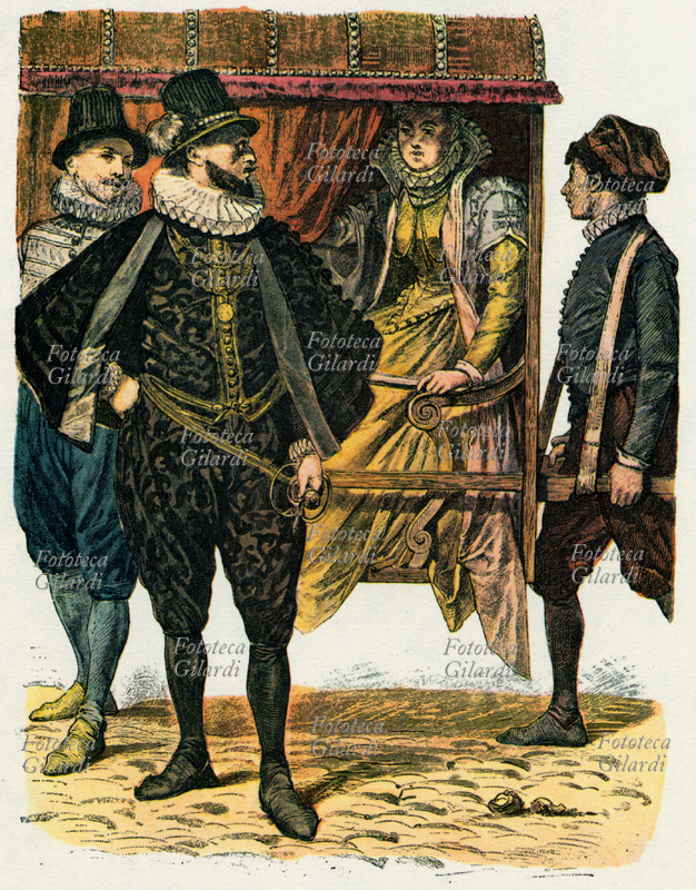 COSTUMI della nobiltà napoletana al tempo del dominio spagnolo nel XVI secolo. Foglio volante, disegno di Carl von Häberlin (16 dicembre 1832 – 13 aprile 1911 ), Germania XIX secolo.