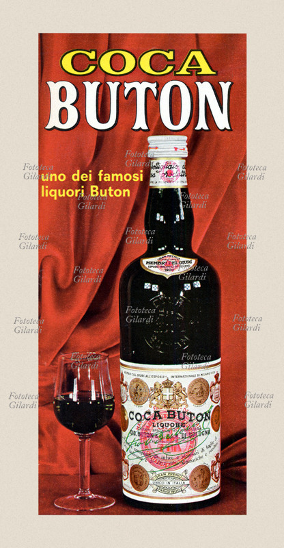 PUBBLICITÀ per Coca Buton, liquore composto di infusi e alcoolati di foglie di Coca Boliviana e di altre erbe aromatiche e zuccheri. Unico in Italia, Gran Premio Parigi, 1900. Campagna stampa 1968.
