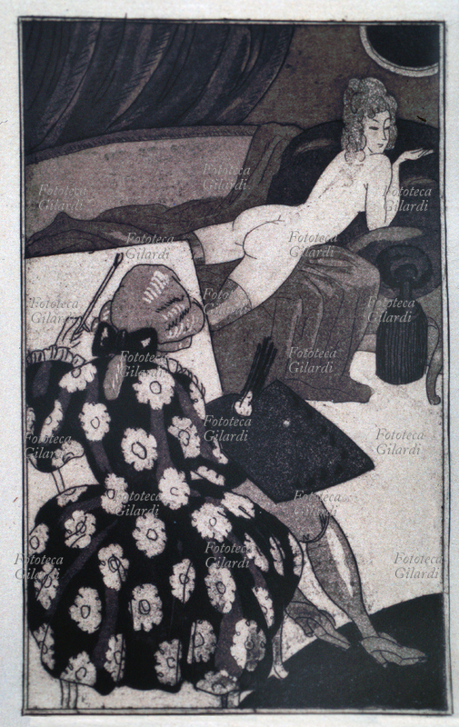 Giacomo CASANOVA (2 aprile 1725 – 4 giugno 1798) con tela e pennelli si accinge a ritrarre la sua amante sdraiata languidamente sul sofà. Acquaforte di Sylvain Sauvage (8 maggio 1888 - 7 gennaio 1948) per \