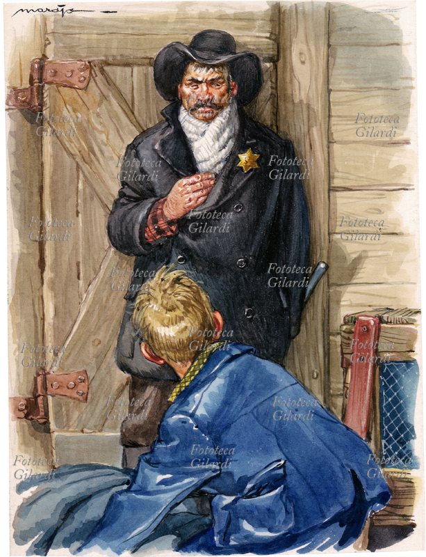 Jack LONDON (1876-1916) Lo sceriffo e il ragazzo. Illustrazione di Libico Maraja (1912 - 1983) pittore, disegnatore e illustratore, per le opere dell\
