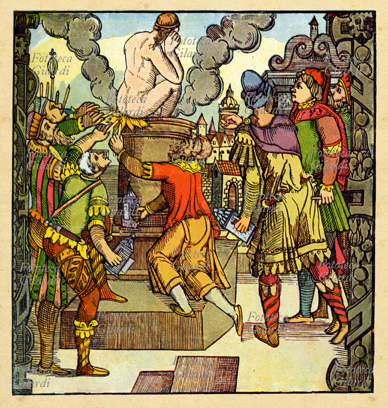 STREGA bruciata viva, dopo un sommario processo e la condanna da parte dei notabili della città di Monaco di Baviera, XVII secolo. Stampa popolare, litografia a colori da trattato tedesco del 1909