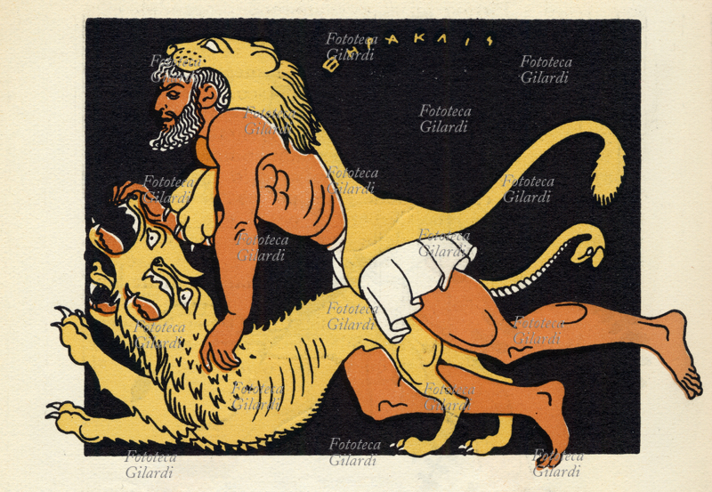 Mythology Hercules fight with Cerberus, the three-headed dog guardian of the underworld, to bring it alive to Mycenae last of the twelve labors of Hercules. Illustration of Vsevolode Nicouline and Giannina whitefish, for the book \
