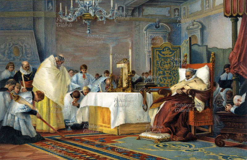 CARLO EMANUELE I DI SAVOIA (1562-1630) le ultime ore del duca di Savoia attorniato dalla sua corte. Cromolitografia dall\