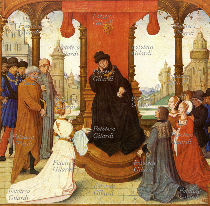 CARLO il temerario (1433-1477) duca di Borgogna fino al 1477, in trono davanti alla sua corte. Alla sua morte la regione fu riunita alla Francia da Luigi XI. Stampa fac-simile raffigurante una miniatura del codice manoscritto di Georges Chastellain (1405-1475) redatto per i duchi di Borgogna e intitolato: \