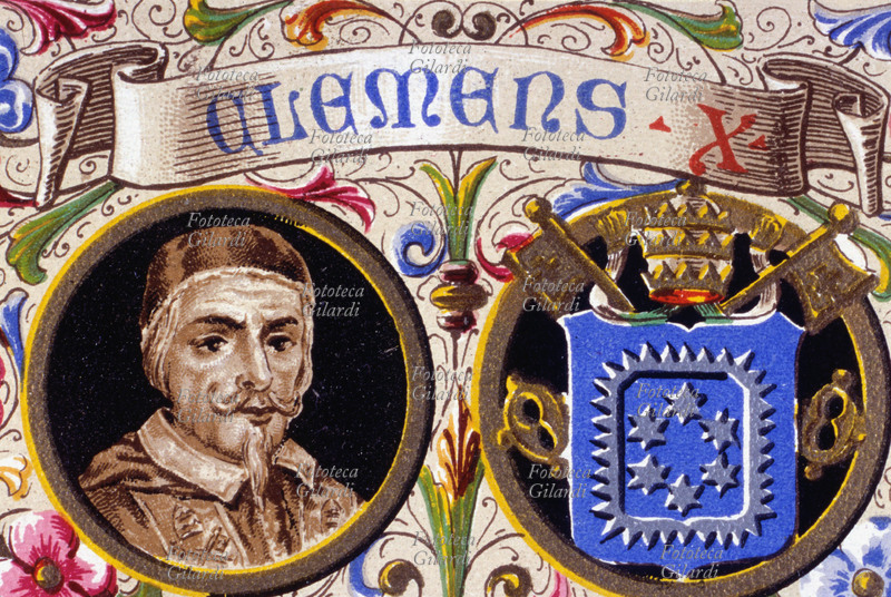 PAPA CLEMENTE X (1590-1676) al secolo Emilio Altieri, nato a Roma, eletto nel 1670, morto nel 1676. Ritratto e stemma papale, dettaglio da una cartolina cromolitografica della \