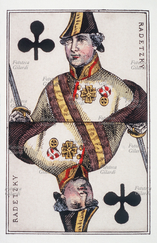 Josef RADETZKY (2 novembre 1766 – 5 gennaio 1858), nobile boemo, feldmaresciallo austriaco, governatore del Lombardo-Veneto; ritratto come fante di fiori in un mazzo di carte da gioco francese dedicato ai potenti d\