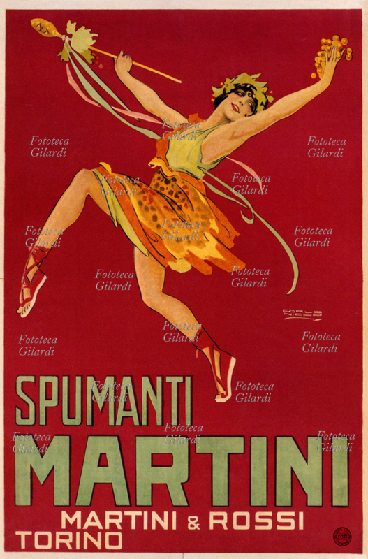 PUBBLICITÀ Spumanti Martini & Rossi, Torino. Una moderna baccante danza invitando a festeggiare. Manifesto di Carlo Nicco, 1920 circa.
