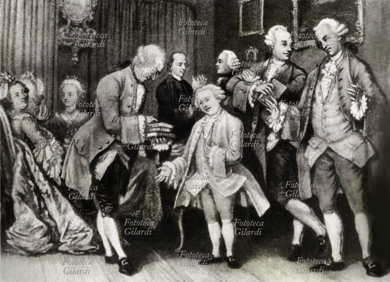 Wolfgang Amadeus MOZART (1756-1791). A Zurigo il poeta Salomon Gessner dona le sue opere al giovane Mozart. Litografia XIX secolo