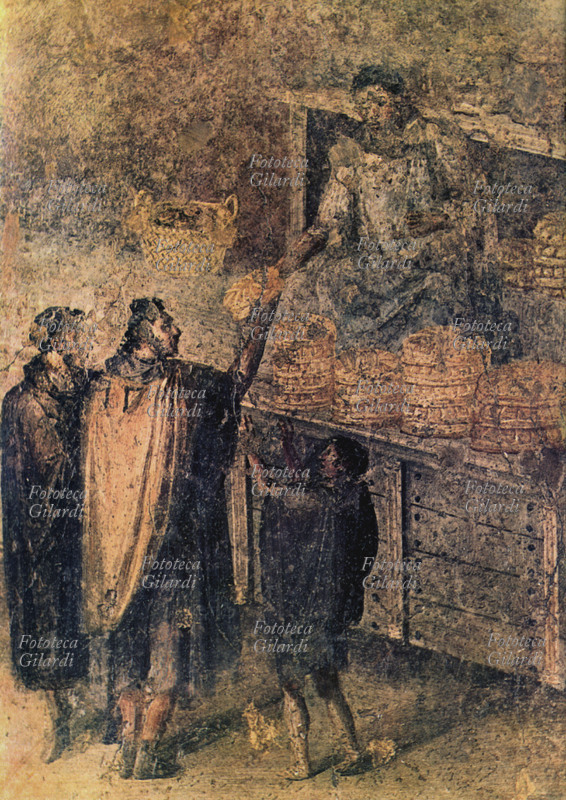 POMPEI La bottega di un panettiere, raffigurata in una pittura murale in una casa di Pompei. I secolo a.C.