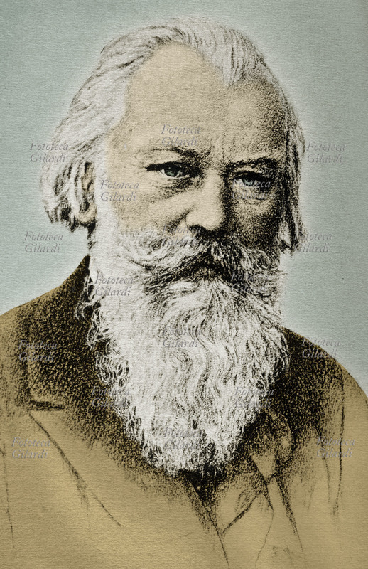 Johannes BRAHMS (1833-1897) Compositore tedesco, ritratto di tre quarti. Fotocollografia colorata, edizioni Stengel & Co., Dresda 1915 circa.
