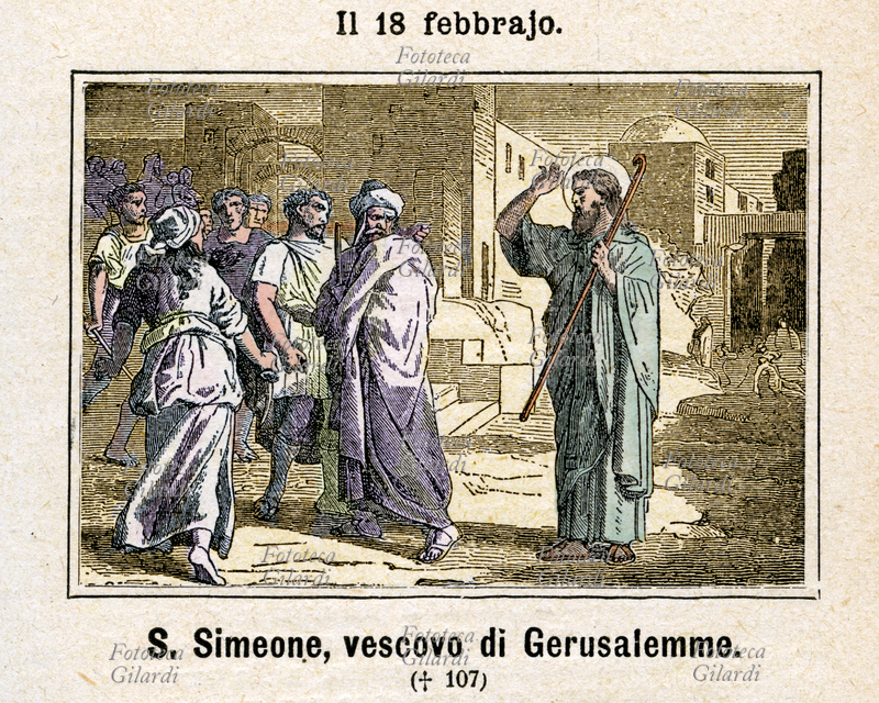 San SIMEONE I di Gerusalemme (? - 107), secondo vescovo della Chiesa di Gerusalemme dal 62 al 107, successore di Giacomo il Giusto, detto anche Giacomo minore. I due fratelli erano figli di Cleofa, quindi nipoti di Giuseppe e cugini di Gesù Cristo. Si narra che Simeone fosse uno dei due discepoli che sulla strada di Emmaus incontrarono Cristo risorto. Guidò l\