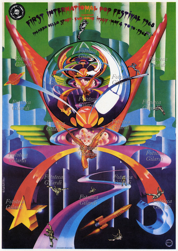 FIRST INTERNATIONAL POP FESTIVAL 1968. Manifesto pubblicitario con grafica di gusto psichedelico, per il festival musicale tenuto al Palazzo dello Sport di Roma dal 4 al 10 Maggio. Illustrazione degli artisti britannici Michael English (1941–2009) e Nigel Waymouth (1941). Italia, 1968.