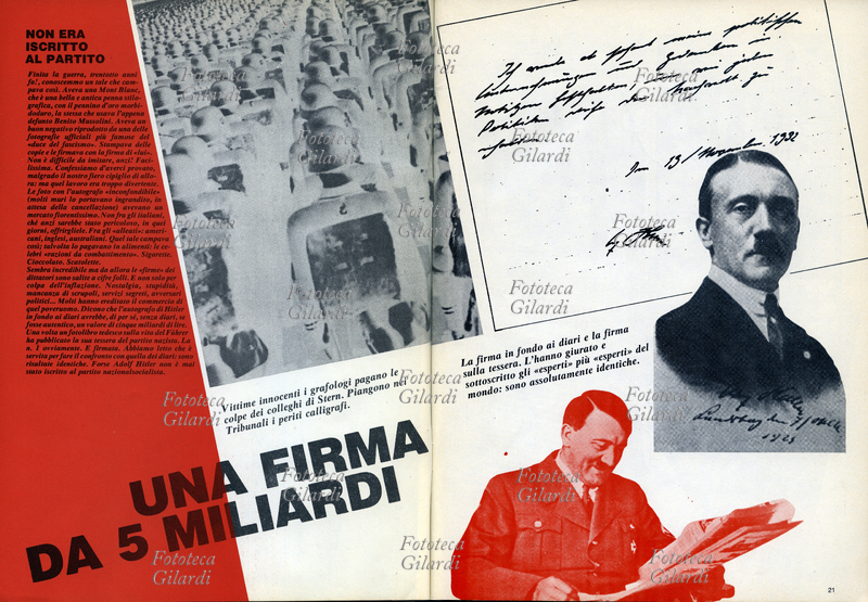 SPECIALE PHOTO "Chi ha scritto i diari di Hitler, i testi e il perché - I veri falsi", ideato e realizzato dalla redazione di Phototeca e dai suoi collaboratori: Roberta Clerici, Ando Gilardi, Patrizia Piccini, Piero Raffaelli, Sergio Sisti, Santi A. Urso. Nel titolo: "Una firma da 5 miliardi"; nelle foto: ritratti di Hitler ed esempi di "suoi" scritti autografi. Documenti fotografici della Fototeca Gilardi. Pagine 20 e 21, Publimedia Editrice srl, Italia, maggio 1983