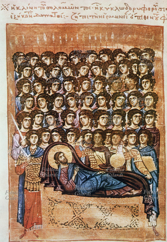 EBRAISMO la lettiga (Chuppa) di Salomone circondata dai sessanta guerrieri o prodi di Israele (cantico 3,7) Miniatura bizantina da \