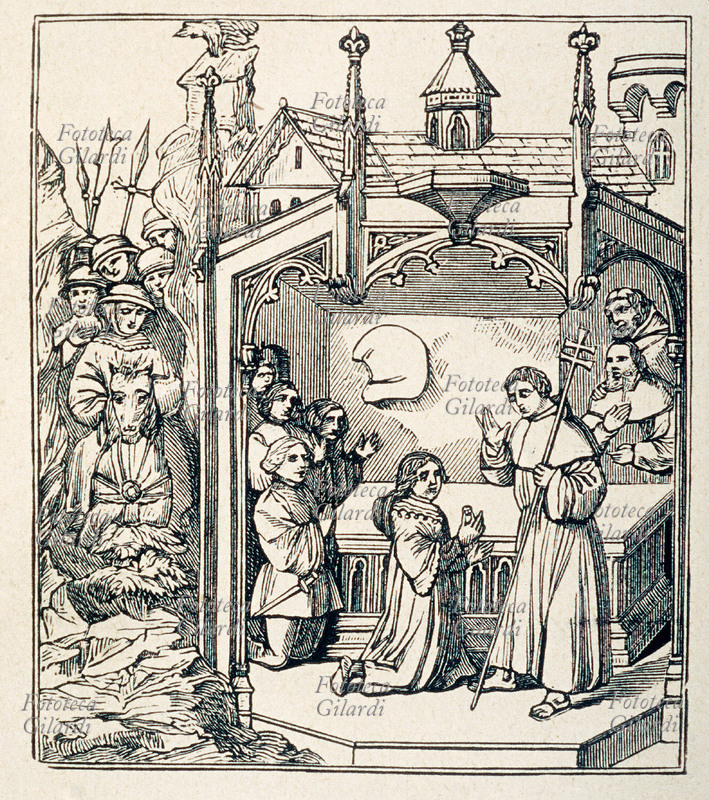 CAVALIERE in ginocchio presso il Santo Sepolcro, tenente in mano un medaglione con la croce gerosolimitana o di Gerusalemme, che sembra aver ricevuto allora da un monaco che in piedi sta in atto di benedire, mentre con la mano sinistra tiene il bastone patriarcale. Da \